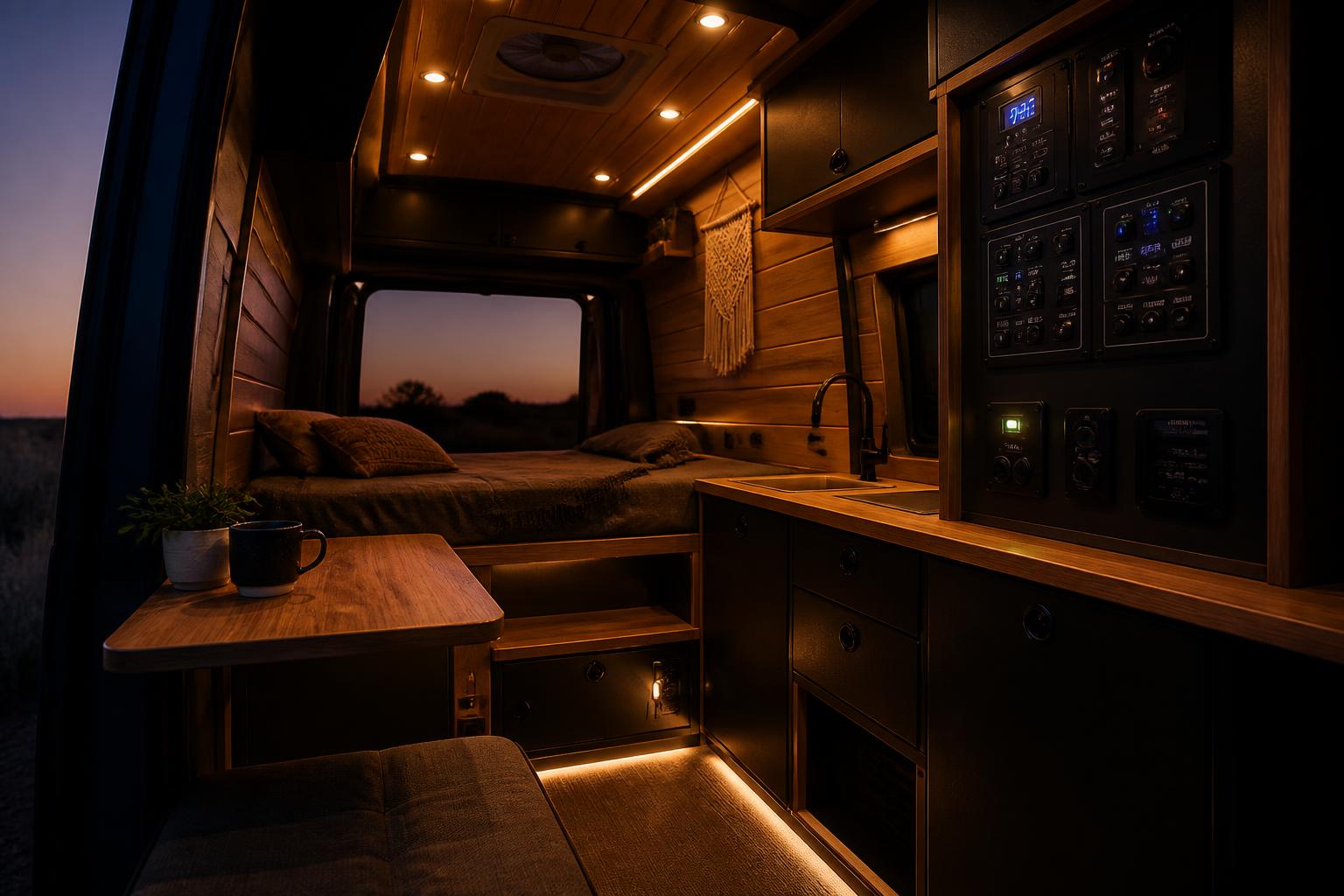 Van interior at dusk with custom electrical panel
